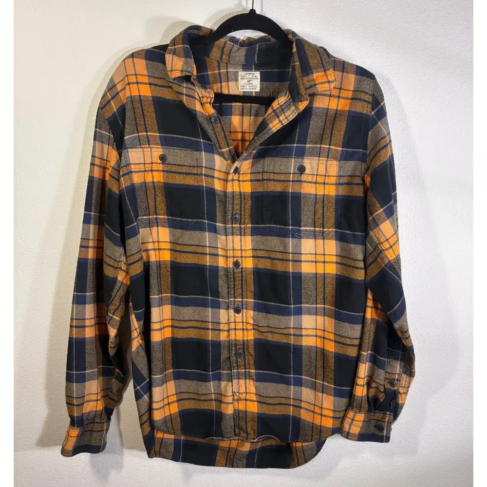 J.Crew Plaid Flannel Shirt Large Blue Orange Cotton Button Up